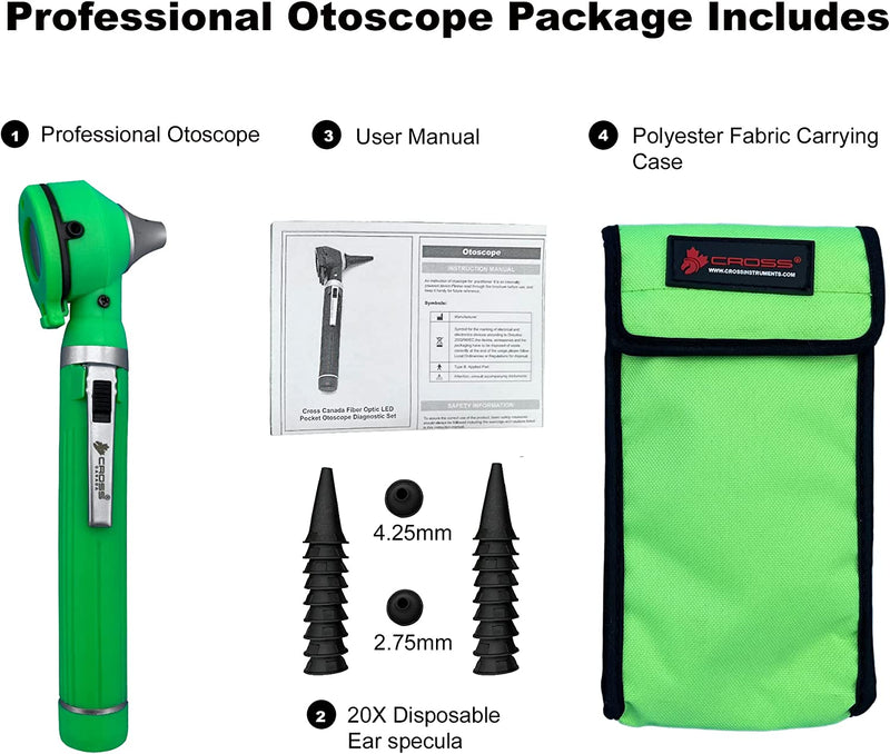 Cross Canada 11-084 Physician Fiber Optic LED Pocket Otoscope Diagnostic Set, Green