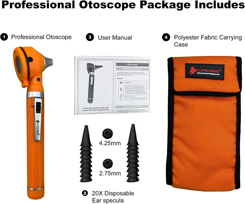 Cross Canada 11-092 Physician Fiber Optic LED Pocket Otoscope Diagnostic Set, Tangerine