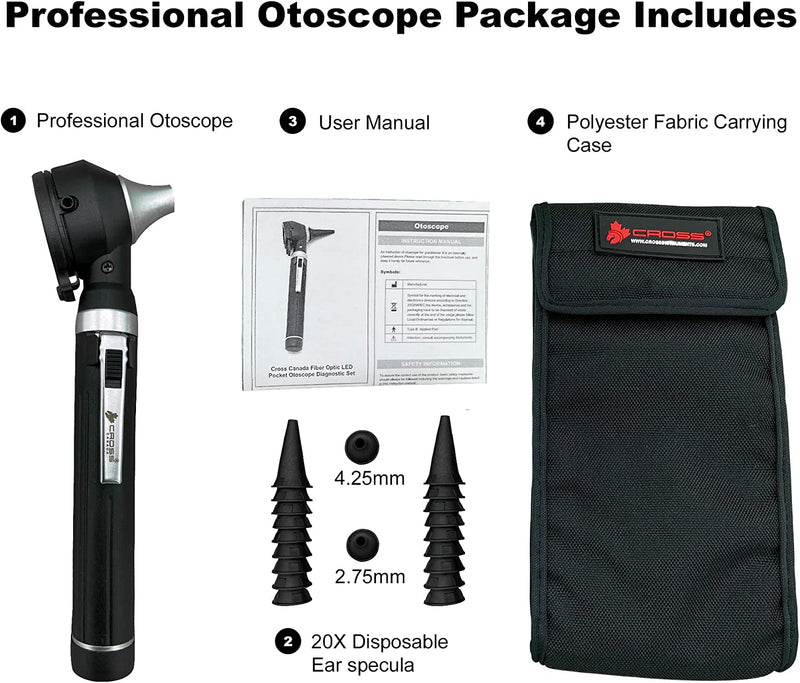 Cross Canada 11-083 Physician Fiber Optic LED Pocket Otoscope Diagnostic Set, Black