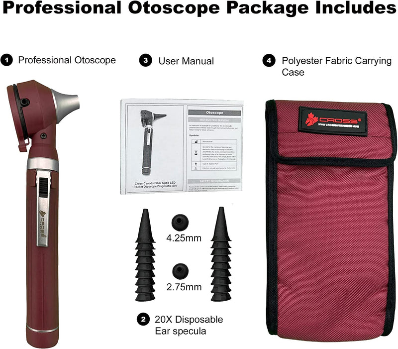 Cross Canada 11-091 Physician Fiber Optic LED Pocket Otoscope Diagnostic Set, Burgundy