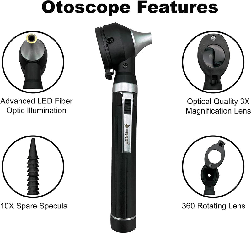 Cross Canada 11-083 Physician Fiber Optic LED Pocket Otoscope Diagnostic Set, Black
