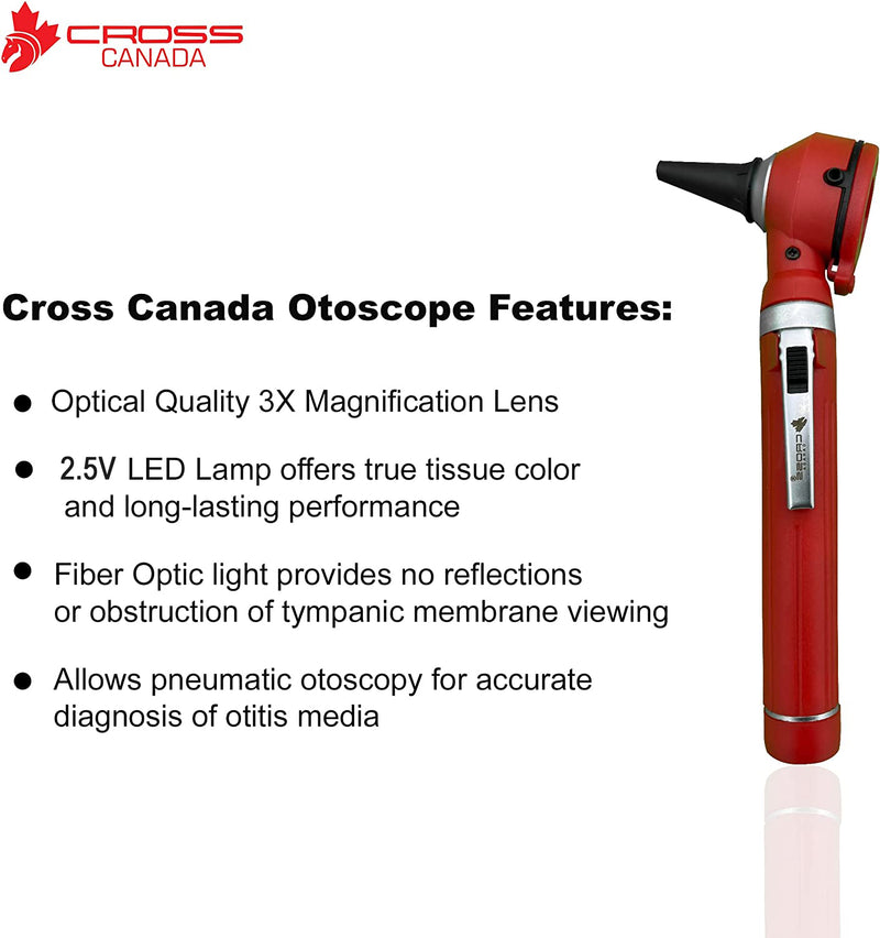 Cross Canada 11-082 Physician Fiber Optic LED Pocket Otoscope Diagnostic Set, Red